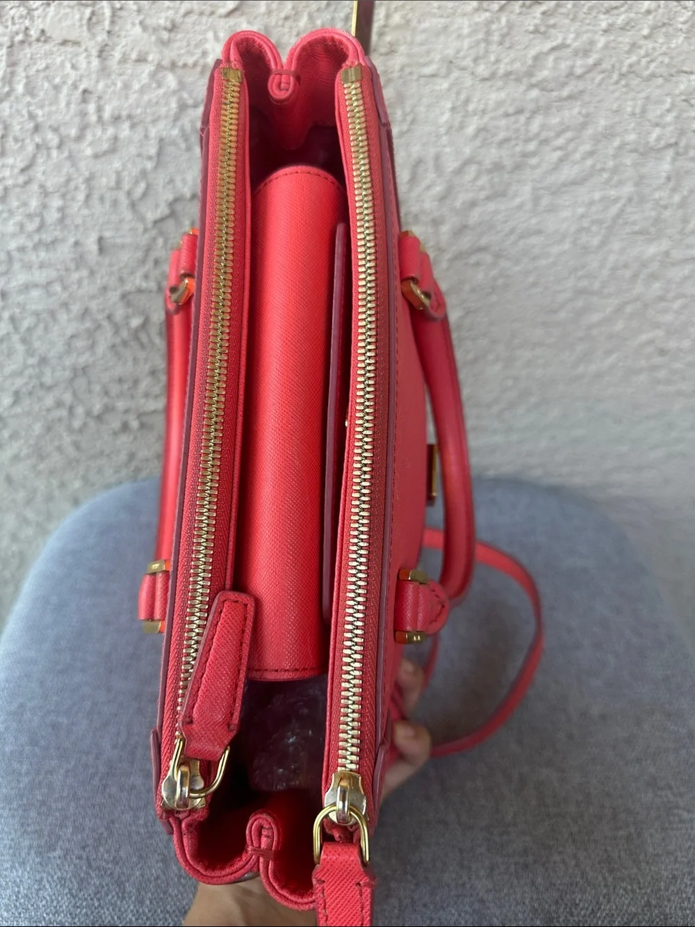MCM Red Saffiano Leather Satchel Bag with Removable Strap